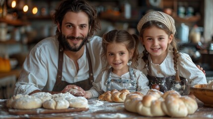 A Jewish family baking challah bread together in the kitchen, with flour and dough on the countertop