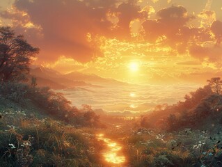 Obraz premium Golden Hour Mountain Landscape with Foggy River