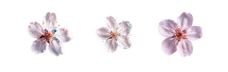 Obraz premium Three pink flowers with yellow centers are arranged in a row on a blue background.