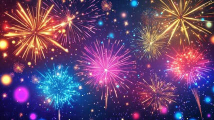 Colorful fireworks,Celebration New Year's Eve,Golden fireworks on dark night sky,Design for posters, banners and greeting cards,Luxury template for media post,copy space,Happy new year concept.