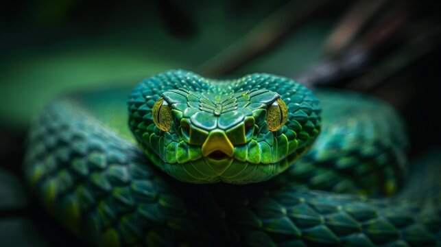 A green snake with yellow eyes is staring at the camera