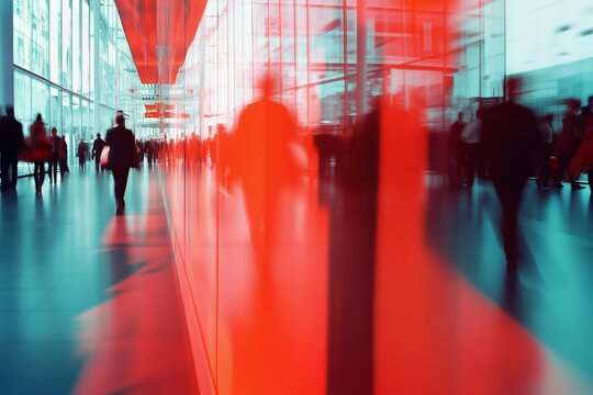 Exhibition expo event trade fair hall with busy bustling people walking to conferences in a modern hall crowded business people with a touch of red effect. Generative AI