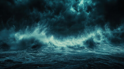 Majestic waves crashing against the rocky shore under a dark stormy sky during twilight hours