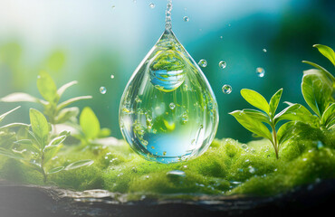 Pure Water Droplet on Fresh Green Leaves