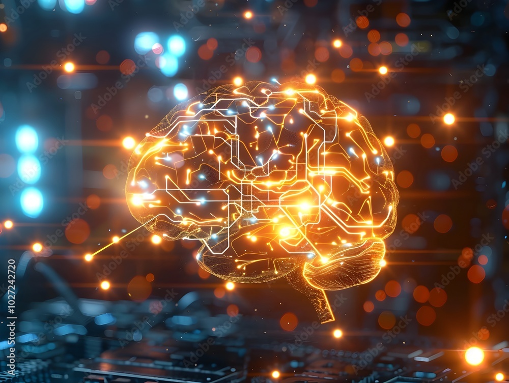 Poster futuristic powered by quantum computing visualized as glowing brain with quantum circuits and entang