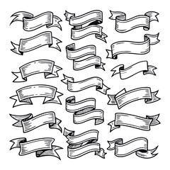 This hand-drawn monochrome ribbon vector features a vintage, elegant design ideal for decorative projects, banners, invitations, and creative templates with a classic and minimalist style.