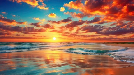 Obraz premium A tranquil sunset over a calm body of water, reflecting vibrant hues of orange,