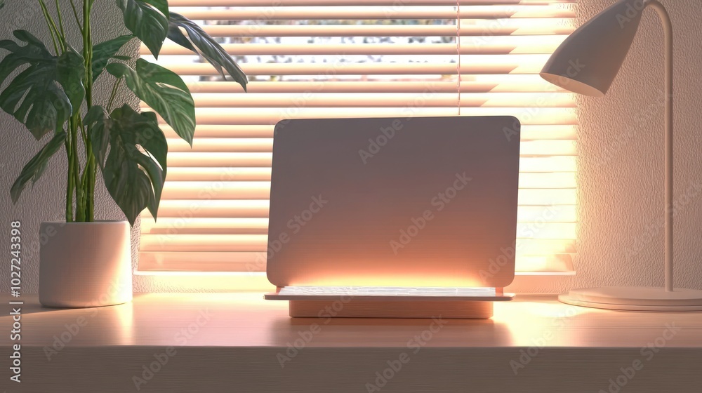 Poster minimalist workspace with a blank tablet and sunlight streaming through blinds