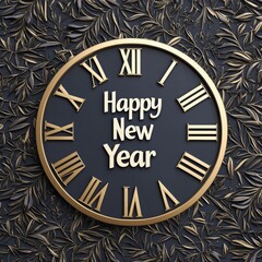 Obraz premium Clock displaying 'Happy New Year' with gold accents on leaf-patterned background.