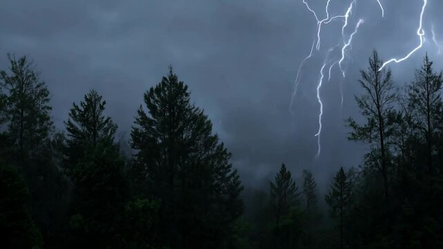 The camera pans across a dense forest canopy during a storm as lightning streaks through the trees under dramatic side lighting