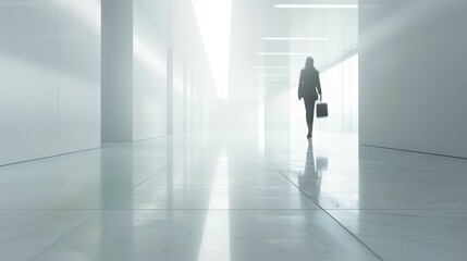 Woman walking corridor. Businesswoman walking through a long white corridor, symbolizing career progression and ambition.