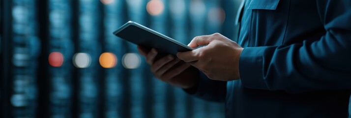 A person in a server room uses a tablet, surrounded by blinking lights and sleek equipment indicating advanced technology and modern information systems.