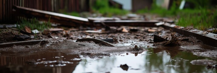 A muddy road with scattered debris after heavy rainfall creates a challenging environment, highlighting the raw impact of nature on infrastructure and pathways.