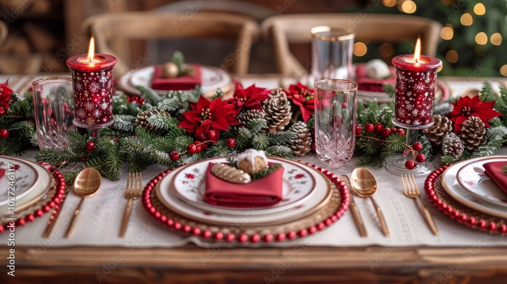 Aufkleber a table with a red tablecloth and a white tablecloth with a red napkin