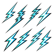 Lightning icons. Symbol or emblem flash. Blue Thunder and Bolt with black contour. Vector Illustration.