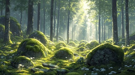 Sunlit Forest Path with Moss Covered Rocks and Mushrooms