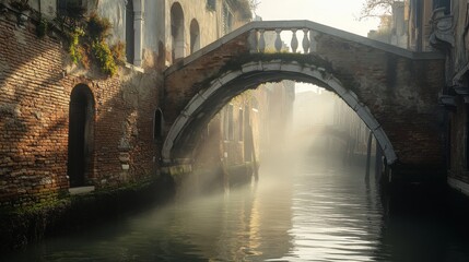 Fototapeta premium Foggy Morning View Under an Old Stone Bridge in Venice