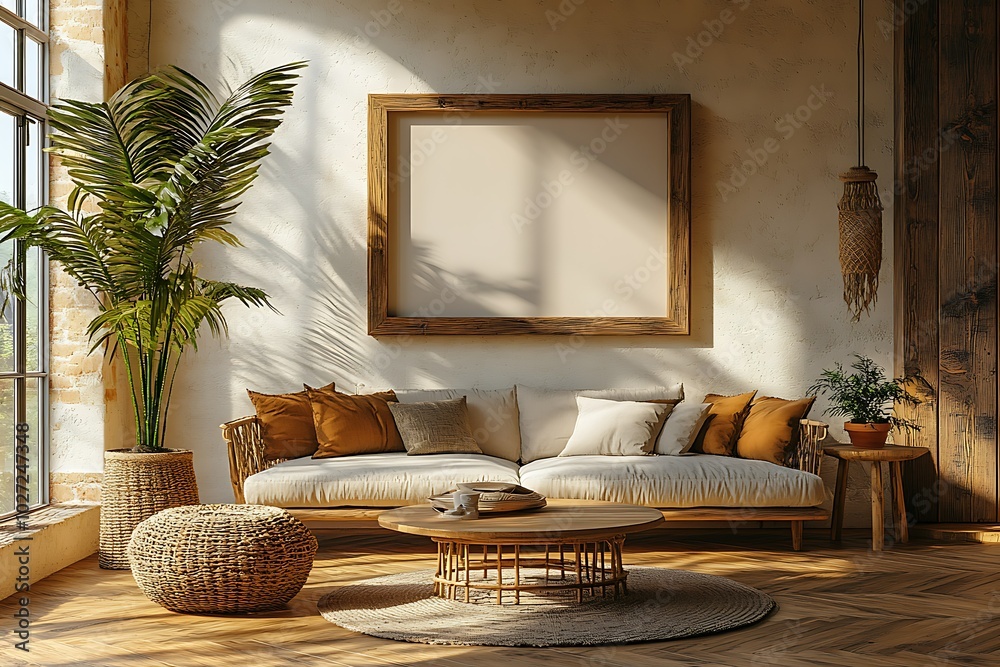 Wall mural cozy living room with natural decor and large window.