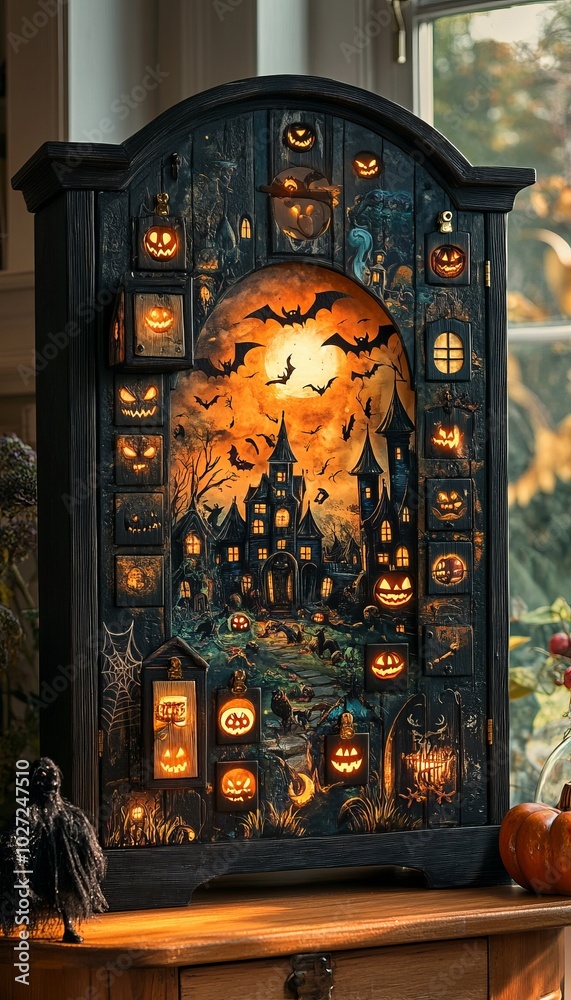 Poster Hand-painted wooden Halloween advent calendar with a spooky haunted house scene and glowing jack-o'-lanterns.