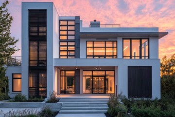 Elegant white concrete house with black wood slats, large windows, and gray metal details, bathed in the warm glow of sunset