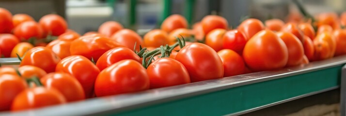 A line of ripe red tomatoes moving along a conveyor belt in a food processing facility signifies modern agriculture and fresh produce logistics.