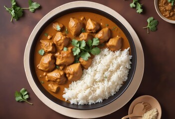 A bowl of white rice with chunks of mutton in a rich gravy, garnished with herbs and spices.