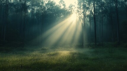 Sunbeams Illuminating a Misty Forest Clearing
