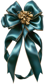 Festlich und dekorative Schleife mehrmach gebunden mit langen B&auml;ndern in gl&auml;nzend t&uuml;rkis und gold