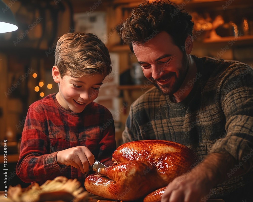 Sticker Happy father and son carving a roasted turkey together in a cozy kitchen.