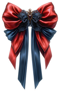 Rot-blaue Dekoschleife mit Spitzenb&auml;ndern und Brosche im edel und stilvollen Design