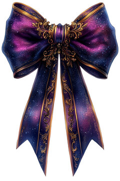 Magisch sch&ouml;ne Dekoschleife in schimmernden violett und blau T&ouml;nen und goldenn Ornamenten