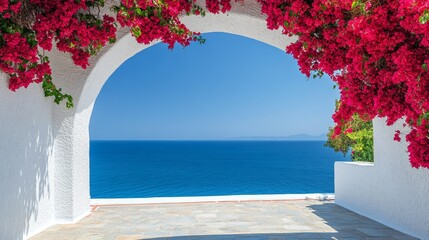 Bougainvillea-Framed View of the Mediterranean Sea