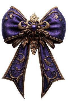 Aufwendig gestaltete Dekoschleife in violett mit stilvoller goldener Dekoration im nostalgischen Stil