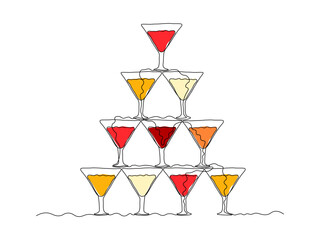 slide of champagne, a fountain of champagne, pyramid of champagne, cascade martinis,alcohol,cocktails. continuous one line art hand drawing sketch, logo
