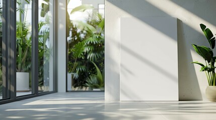 Blank canvas minimalist room. Modern interior design with blank canvas, sunlight, and greenery, providing perfect space for display.