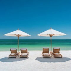 Obraz premium Two lounge chairs with white umbrellas on a white sand beach with turquoise water and a bright blue sky.