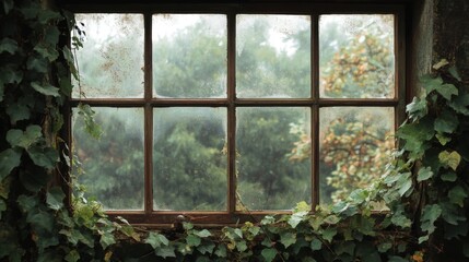 An old window with ivy growing around it, looking out to a green, misty forest.