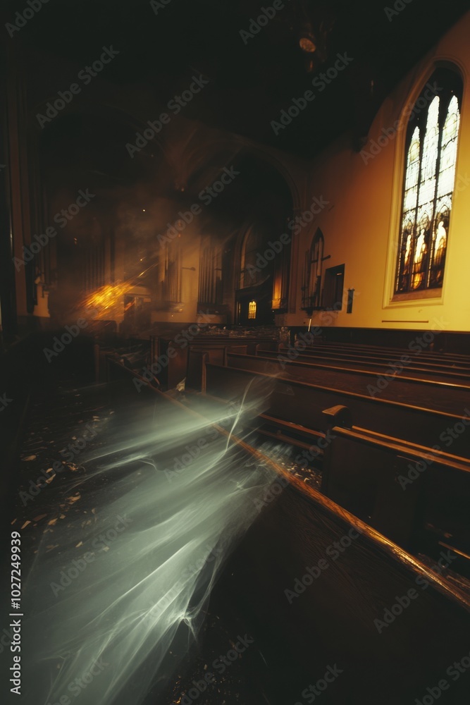 Canvas Prints Light streams through a stained glass window in a church, illuminating the pews.