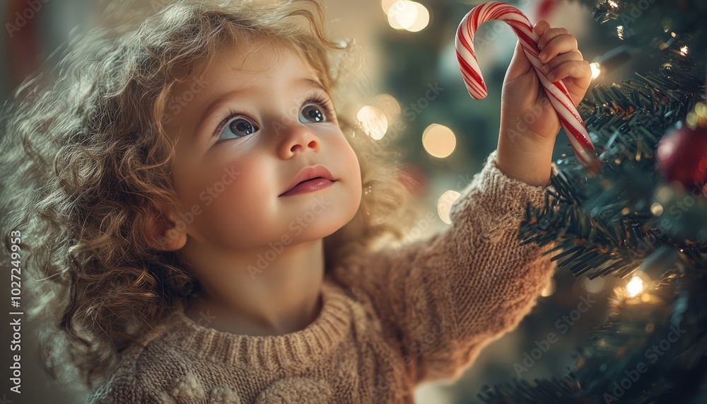 Wall mural Little girl decorating Christmas tree with candy cane.