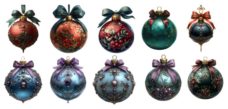 Set mit nostalgischen aufwendig gestalteten Christbaumkugeln verschiedene Farben mit Schleifen im Retro-Stil