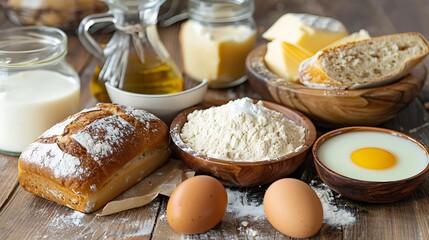 Ingredients for making bread on the table egg milk flour oil sugar