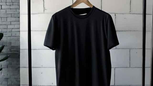 A minimal black t-shirt displayed on a hanger amidst lush green plants and a brick backdrop, creating a modern and stylish ambiance generative ai