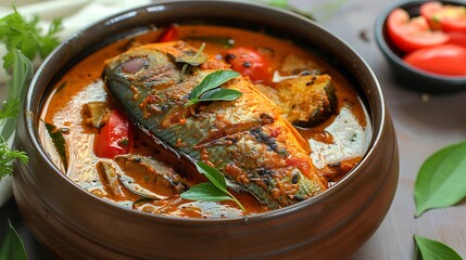 Fototapeta premium Karimeen mulaku curry is a hot and spicy fish curry seafood cuisine of kerala cooked with shallots curry leaves tamarind or gambooge and coconut milk popular dish in coastal area