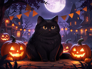 Black Cat Halloween Night: A black cat with big, curious eyes sits amongst glowing jack-o-lanterns on a spooky Halloween night, with a full moon in the background.