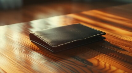 Leather wallet on table. Black leather wallet on wooden table, minimalist and stylish. Perfect for storing money, cards, and other essentials.
