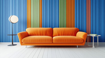 Modern living room with orange sofa, blue panels. Soft lighting. 3D render. High res.