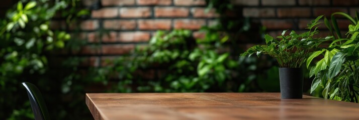 Fototapeta premium A beautiful wooden table sits against a brick wall with a small potted plant, creating a peaceful and natural atmosphere perfect for relaxation.