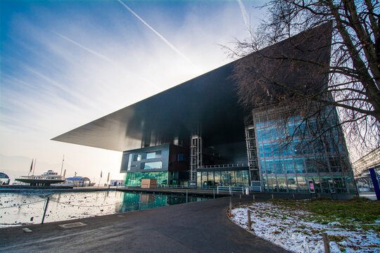 KKL Luzern (Culture and Congress Centre Lucerne) is a multi-functional building with concert hall in Lucerne. Built in 1998 and designed by architect Jean Nouvel in LUCERNE, SWITZERLAND o JAN 28, 2017