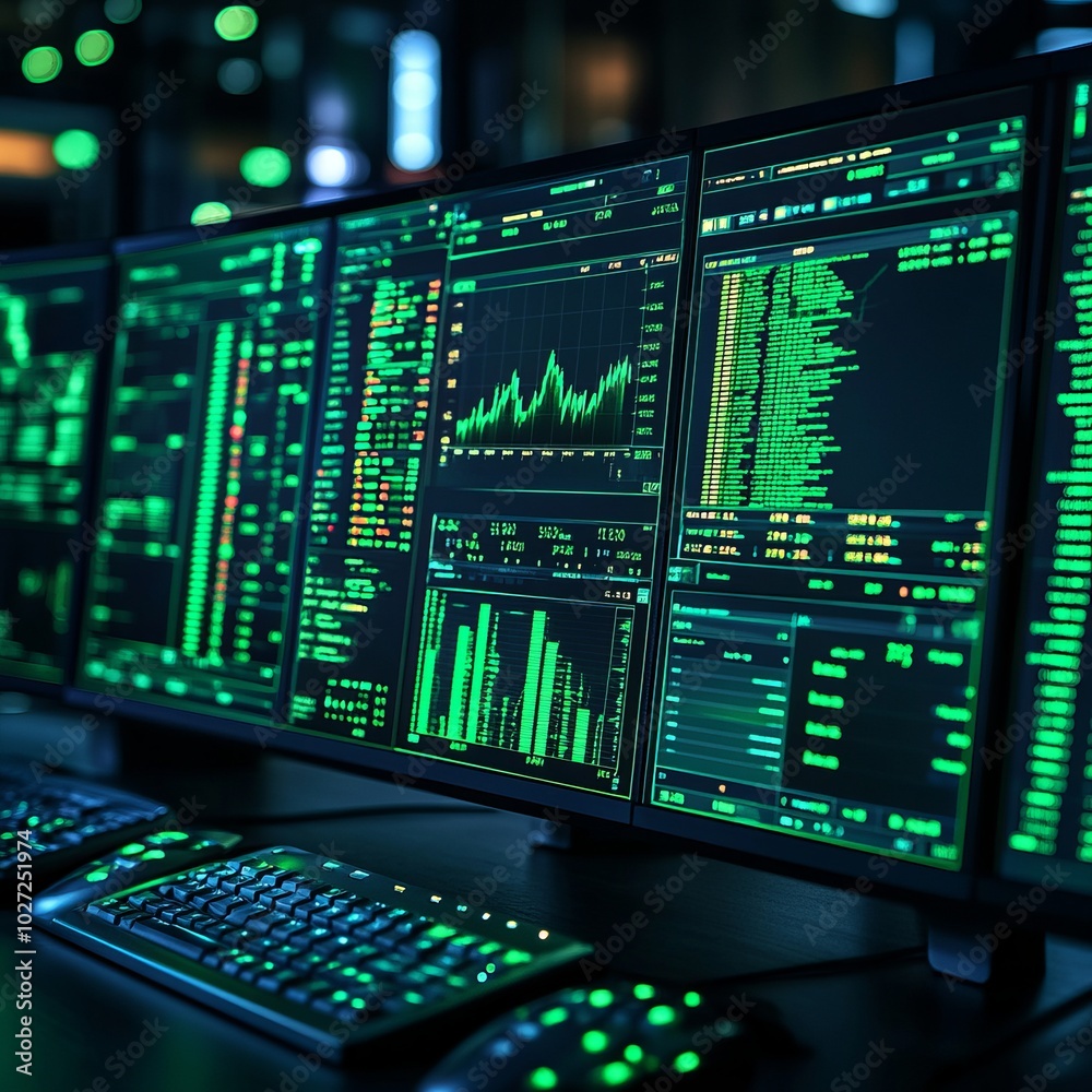 Canvas Prints Multiple computer monitors displaying data and charts in a dark room.