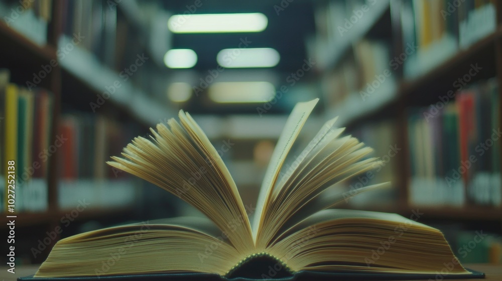 Poster Open Book in a Library Setting with Blurred Bookshelves in the Background